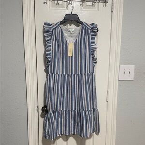 JADE .. Blue and White Striped Ruffle-Sleeve women’s  Dress